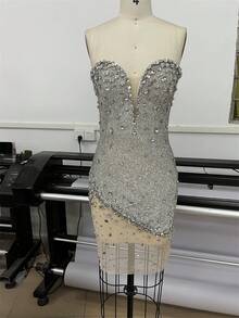 Heavy Craft Sparkling Starry Sky Full Diamond Sexy V-Neck Strapless Dress High-End Luxury Party Performance Gown - Bạc - Xem 3