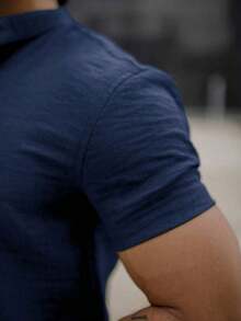 Men's Short-Sleeve Shirt With Mandarin Collar And Linen-Look - Assorted Colors - Comfortable - Navy Blue - View 10