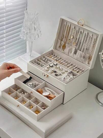 1 hộp đựng trang sức 3 lớp bằng da PU và acrylic, thích hợp sử dụng tại nhà, hộp đựng trang sức acrylic dung tích lớn đựng nhẫn, hoa tai, vòng cổ, hộp trưng bày trang sức, hộp đựng nhẫn trong suốt, hộp đựng sơn móng tay, hộp đựng hạt, quà tặng cổ điển, hộp đựng trang sức du lịch, hộp đựng trang sức di động, đồ trang trí cho tiệm làm đẹp, nhà, nhà bếp, phòng tắm, phòng ngủ, quà tặng ngày lễ tình nhân