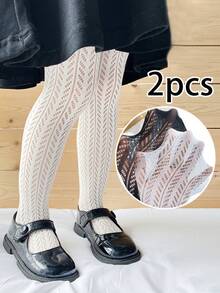 2 pares de pantis de malla con jacquard en forma de V para niñas, adecuados para primavera/verano - Multicolor - Ver 1