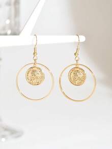 1 Pair Casual Geometric Circle Coin Pendant Earrings, Elegant Women's Jewelry, Versatile For Daily Wear, Holidays, Parties, Vacations - Golden - View 2
