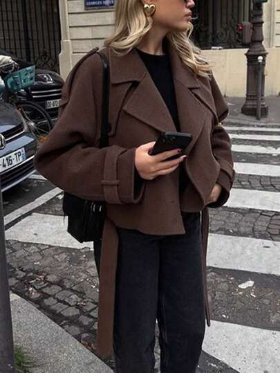 Women's Solid Dark Color Elegant Casual Loose Double-Breasted Lapel Short Jacket, Suitable For Daily Wear, Office Commute, Home Leisure, Back To School And Other Occasions