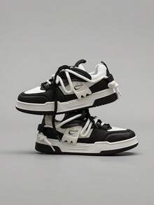 Lightweight & Breathable Low-Top Casual Chunky Sneakers, Versatile For Men - 黑與白 - 查看 4