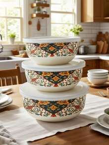 3个便携式午餐盒，适用于新鲜蔬果、冷冻食品、洗碗机适用午餐碗，带盖；时尚搪瓷碗，适用于汤、沙拉等。