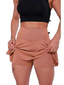 Women's High-Waisted Ruffled Short Skirt For Fitness, Gym, And Sports In Spandex - Camel - Ver 5