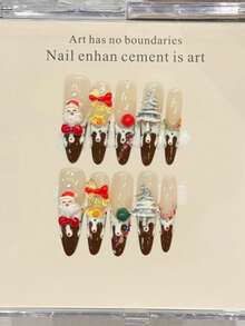 10 piezas de uñas postizas hechas a mano, uñas ovaladas largas y puntiagudas, en colores marrón, nude, rojo, francesas, con lunares, 3D de Papá Noel, árbol de Navidad, anillo, lazo, nieve y crema, uñas elegantes, lindas y lujosas para Navidad, otoño, fiestas, uso diario y citas, aptas para playa y viajes tropicales, suministros de arte de uñas DIY adecuados para mujeres y niñas como regalo