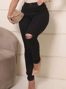 Women's Skinny Jeans, High-Waisted With Elastane, Butt-Lifting, Premium Basic Casual Style. - 黑撕裂 - 查看 6