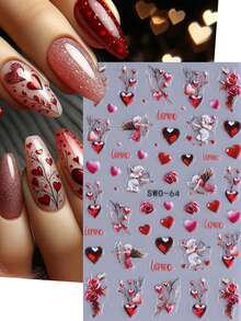 2张5D情人节红色浮雕美甲贴纸，自粘式，包含玫瑰、爱心、水钻、天使、花朵、藤蔓等爱情图案，美甲装饰配件，美甲用品 - 彩色 - 查看 4