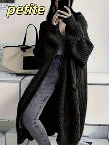 带口袋的中长开衫，长落肩袖，罗纹针织开衩下摆，柔软面料，宽松前开针织毛衣，休闲长袖长款带口袋开衫，女款，长袖上衣，娇小款，秋冬 - 黑色 - 查看 1