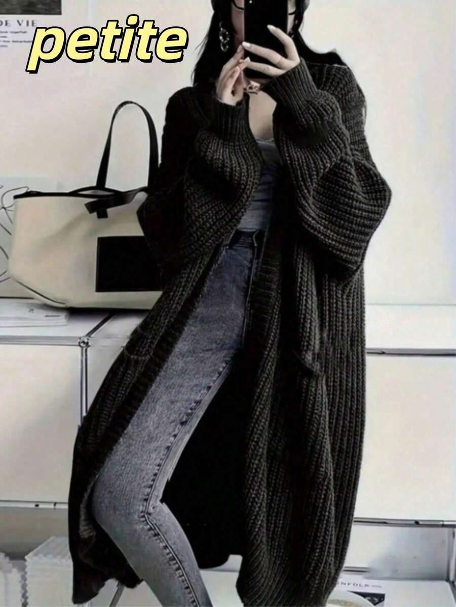 带口袋的中长开衫，长落肩袖，罗纹针织开衩下摆，柔软面料，宽松前开针织毛衣，休闲长袖长款带口袋开衫，女款，长袖上衣，娇小款，秋冬 - 黑色 - 查看 1
