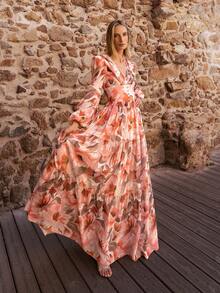 Faeriesty Printing Elegant Maxi Floral Chiffon Evening Gown With Deep V Neckline, Lantern Sleeves & Multi-Layered Cake Skirt – Floral Print In Soft Tones, Lace Trims On Cuffs & Waist, Perfect For Bridal Showers, Garden Receptions & Romantic Date Nights - Coral Orange - View 5