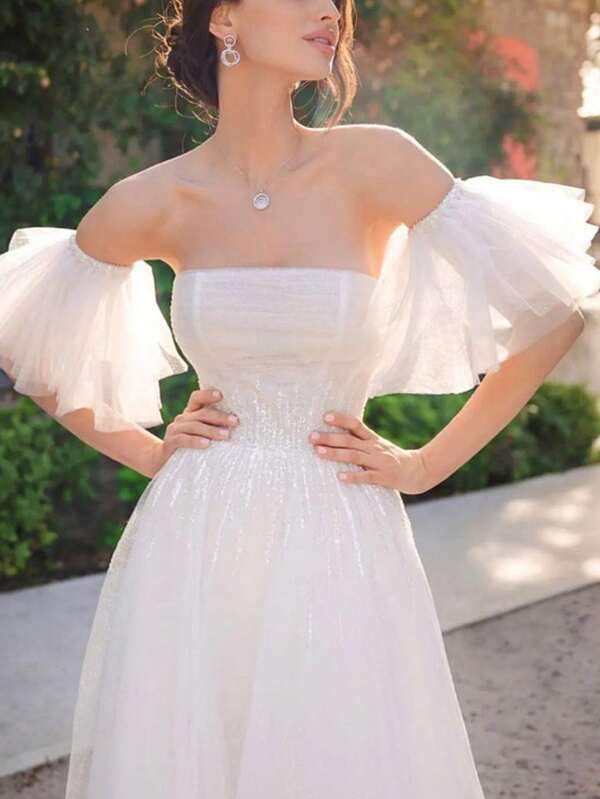 1 paire de châle de mariage court et simple en tulle avec décoration de perles, convient pour les mariages et les robes à bretelles fines