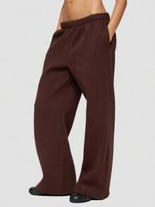 Women's Wide Leg Sweatpants Elastic Waist Low Rise Solid Color Pants Causal Lounge Trousers With Pockets Baggy Pants Athletic Jogger Workout Pants Y2k Track Pants Streetwear - 摩卡棕 - 查看 2
