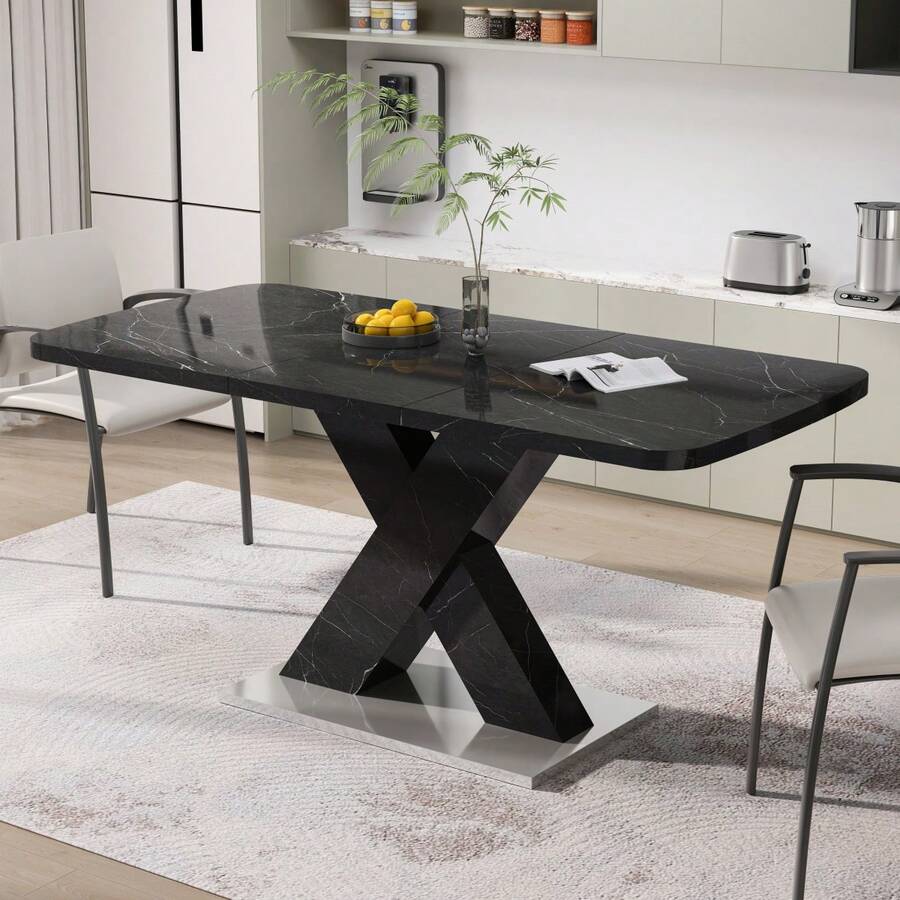 Modern Rectangular Dining Table, 120cm-160cm, Extendable, With Printed Black Marble Top + MDF X-Shaped Table Leg With Metal Base - Black + MDF+Steel + Primary Living Space - View 1