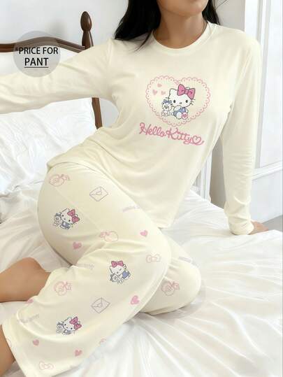  1pc Hello Kitty By Sanrio Women's Pajama Pants, Cute Y2K Style Sleepwear, Hello Kitty Themed Home Pants, Winter Loungewear