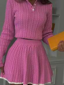 2 piezas Conjunto de suéter y falda de punto grueso elegante para mujer, con detalles acanalados y cuello polo, look de moda, otoño/invierno