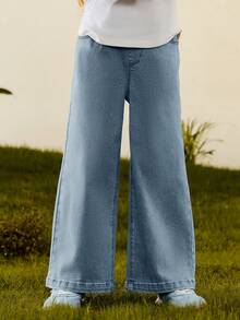mini bala Girls  Pants, Soft & Flowing Wide Leg Style, Fall Comfortable Wear - Denim Medium Blue - View 1