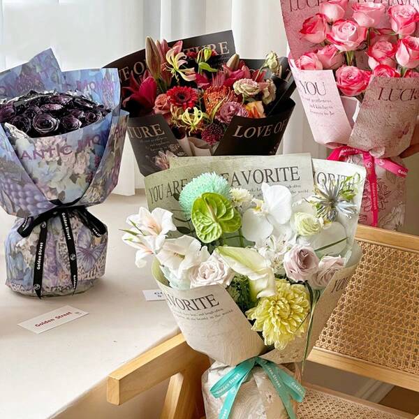 10pcs Floral Wrapping Paper, Flower Atmosphere Paper, Art Paper, Floral Bouquet Wrapping Paper, Oil Painting Kraft Paper, Flower Shop, 35*50CM