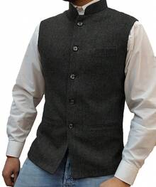 Gilet da uomo con collo alla coreana, gilet stile Zhongshan, gilet con motivo a spina di pesce, abbigliamento di moda maschile - nero - Visualizzare 1