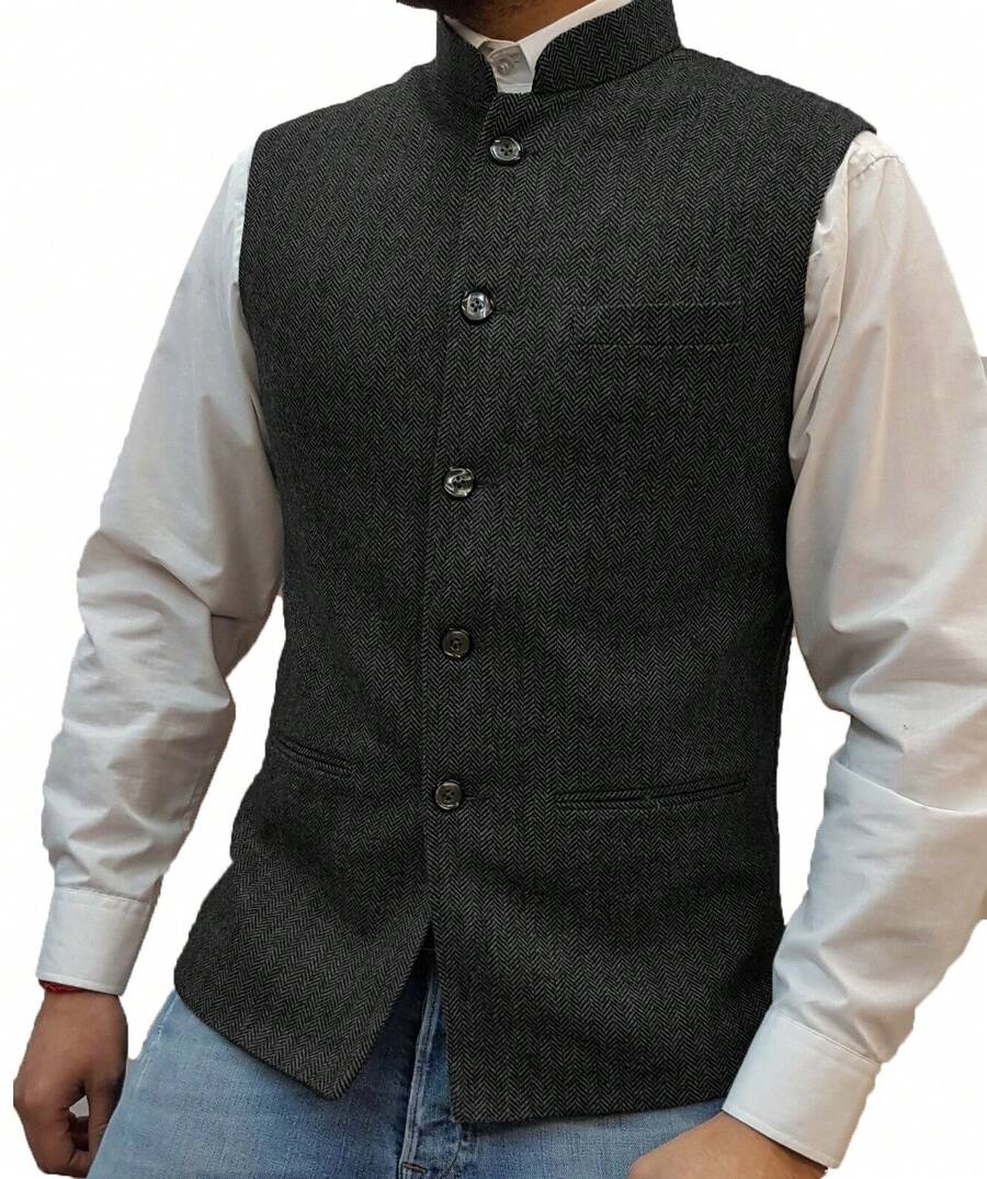 Gilet da uomo con collo alla coreana, gilet stile Zhongshan, gilet con motivo a spina di pesce, abbigliamento di moda maschile - nero - Visualizzare 1