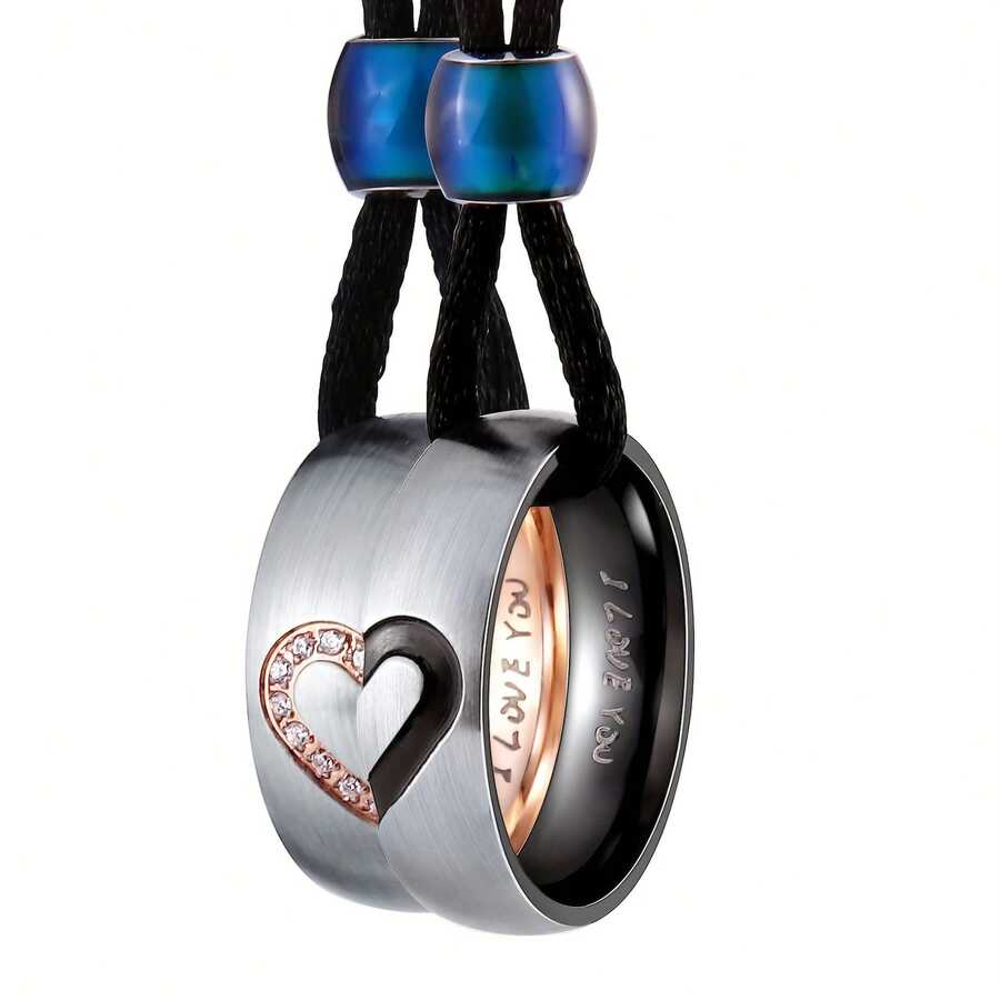 2PCS Stainless Steel Necklace Two Pieces Couple Ring Heart Pendant Necklace Promise Necklace