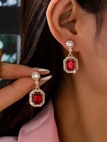 一对优雅宫廷风仿宝石镂空方形吊坠耳环，女士配饰，可搭配晚礼服 - 紅色 - 查看 9