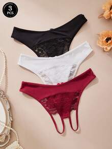 3pcs/Pack Women's Sexy Open Crotch Panties, Comfortable & Elegant, Breathable Soft Lace Trim With Cute Bow, Romantic Couple Gift - Multicolor - View 3