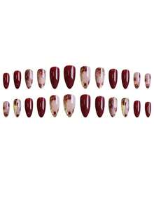 Monina 24 Stück Batik-Rot Rose Mandel-förmige Kunstnägel, elegante & charmante burgunderrote Blumen Luxus Chic vielseitige Mode Nageldekoration, tolles Geschenk für Frauen, Valentinstag Nagelbedarf - Verschiedenfarbig - Übersicht 5