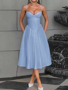 Onicee Women's Winter Dress, Blue Solid Color Belted A-Line Slip Dress, Suitable For Valentine's Day, Dates, Gatherings, Parties, Travel, Vacation, Beach And Other Occasions