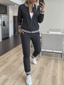 2pcs Women's Tracksuit Set, Fashionable Zip-Up Jacket And Casual Pants, Spring/Autumn - Dark Gray 53 - View 1