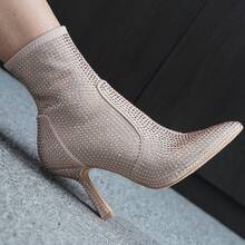 Chic 3.5-Inch Heel Ankle Boots With Rhinestone Detailing And Zipper Closure