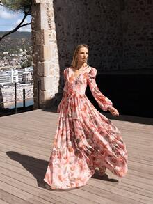 Faeriesty Printing Elegant Maxi Floral Chiffon Evening Gown With Deep V Neckline, Lantern Sleeves & Multi-Layered Cake Skirt – Floral Print In Soft Tones, Lace Trims On Cuffs & Waist, Perfect For Bridal Showers, Garden Receptions & Romantic Date Nights - Coral Orange - View 9