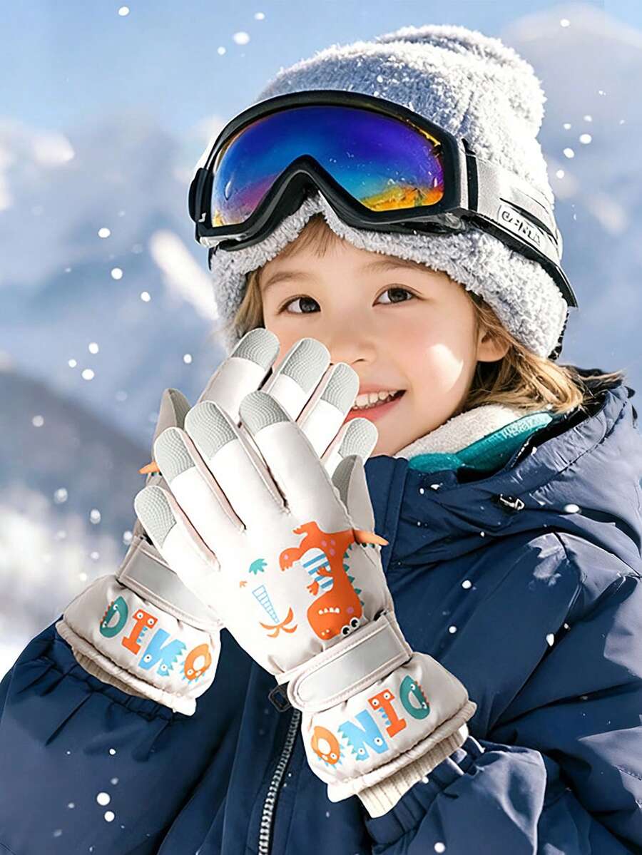 1 双儿童卡通恐龙滑雪手套，加厚保暖防风防水指套，适合冬季雪地玩耍 - 1Pair - 查看 1