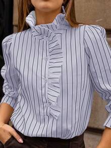 Women's Fashion Striped Ruffle Button Elegant Long Sleeve Versatile Blouse, Polyester, Striped, Suitable For Work, Spring/Summer - Baby Blue - View 3