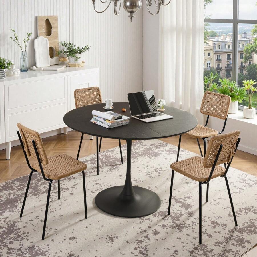 Set Of 4 Metal Dining Chairs, Steel Legs And PU Leather Seats, High Back Armless Dining Chairs, For Kitchen, Living Room, Black - Black Table - View 1