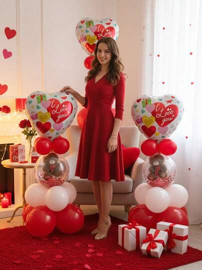 15件套情人节主题气球套装，包含爱心形状气球、透明乳胶气球，适用于情人节、求婚、结婚纪念日、告白装饰、情侣房装饰