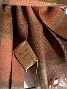 100% Wool Plaid Scarf, Versatile British Style Colorblock Warm Shawl Wrap, Winter - Khaki Orange - View 5