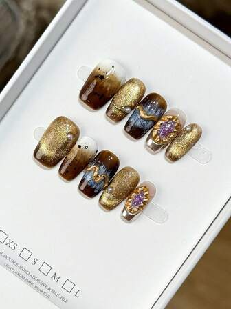 纯手工制作方形美甲，秋冬季手绘个性化涂鸦美甲，简约设计，全覆盖美甲，Y2K 坏女孩风格，Y2K 美甲，浮雕美甲，独特小众创意假指甲，日常美甲，可重复使用。