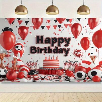 2D Flat 1 Pc Happy Birthday Extra Large Background Banner - Bright Red And Black Party Decorations With Balloons, Cake And Confetti, Suitable For Indoor/Outdoor Photo Booths, Anniversaries And Celebrations, Birthday Party Decorations