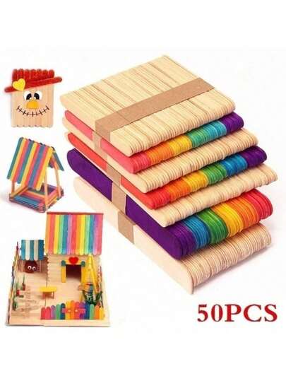 50Pcs Colored Wooden Sticks Natural Wood Ice Cream Sticks Kids DIY Tool