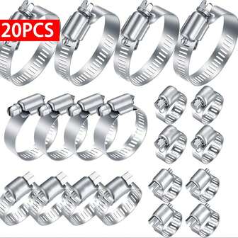 20件套不锈钢软管卡箍套装，尺寸可调，6-29毫米，通用型，适用于汽车管道维修、花园水管固定、油管夹紧