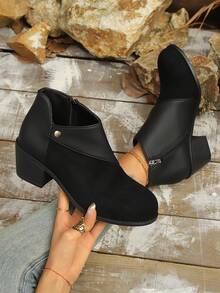 女士复古百搭麂皮拼接时尚靴，秋冬款 - 黑色 - 查看 1