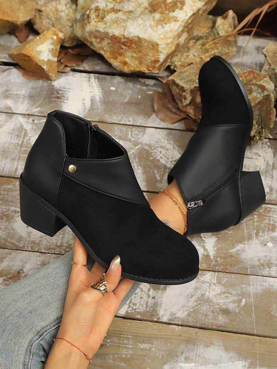女士复古百搭麂皮拼接时尚靴，秋冬款 - 黑色 - 查看 1