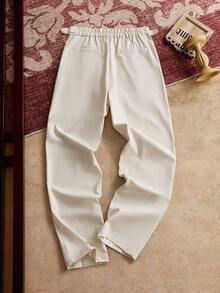 Men's Linen Woven Casual Elastic Waist Straight Leg Pants, Suitable For Summer, Vacation, Daily Wear, Party, Couples, Gifts, School, Fall - Apricot - View 2