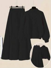 大码女式纯色长袖毛衣和针织中长裙休闲套装，秋冬款 - 黑色 - 查看 1
