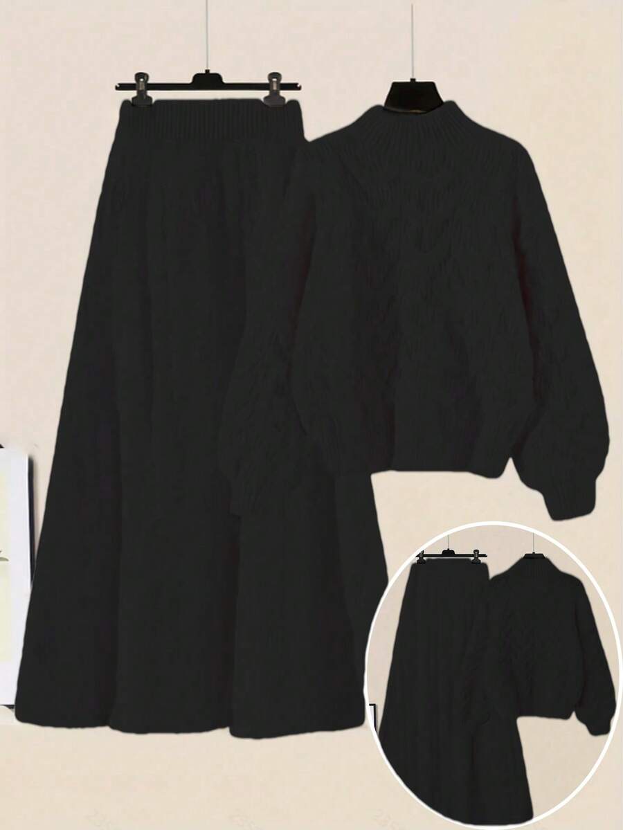 大码女式纯色长袖毛衣和针织中长裙休闲套装，秋冬款 - 黑色 - 查看 1