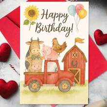 بطاقة تهنئة جذابة بحيوانات المزرعة مع ظرف (11 سم * 16 سم) - تصميم "أطيب التمنيات بعيد الميلاد"، منظر المزرعة مع الشاحنة الحمراء والزهور دوار الشمس، مثالية للعائلة والأصدقاء، مناسبة لاحتفالات عيد الميلاد، بطاقة تهنئة عيد الميلاد | منظر المزرعة | بطاقة ورقية