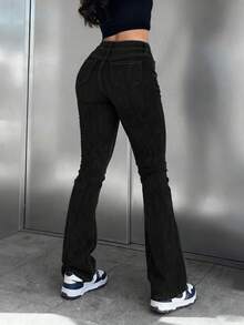 Pantalones vaqueros con bolsillo con cremallera y botón de unicolor, elegantes y prácticos para el uso diario y el transporte de la mujer