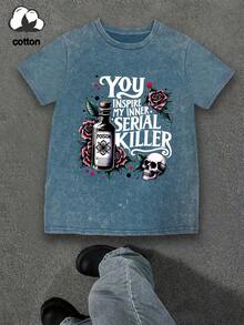 Áo thun cotton mùa hè cỡ lớn dành cho nữ - Họa tiết chai thuốc độc, hoa hồng và đầu lâu, kiểu dáng giản dị và thoải mái, phù hợp cho mặc hàng ngày và đi nghỉ mát, tay ngắn, in họa tiết, kiểu dáng thời trang, đã qua xử lý giặt. - Xanh đậm - Xem 3