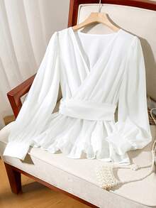 Blusa elegante con pliegues y cintura ceñida, diseño elegante de escote en V para mujeres - Blanco - Ver 6